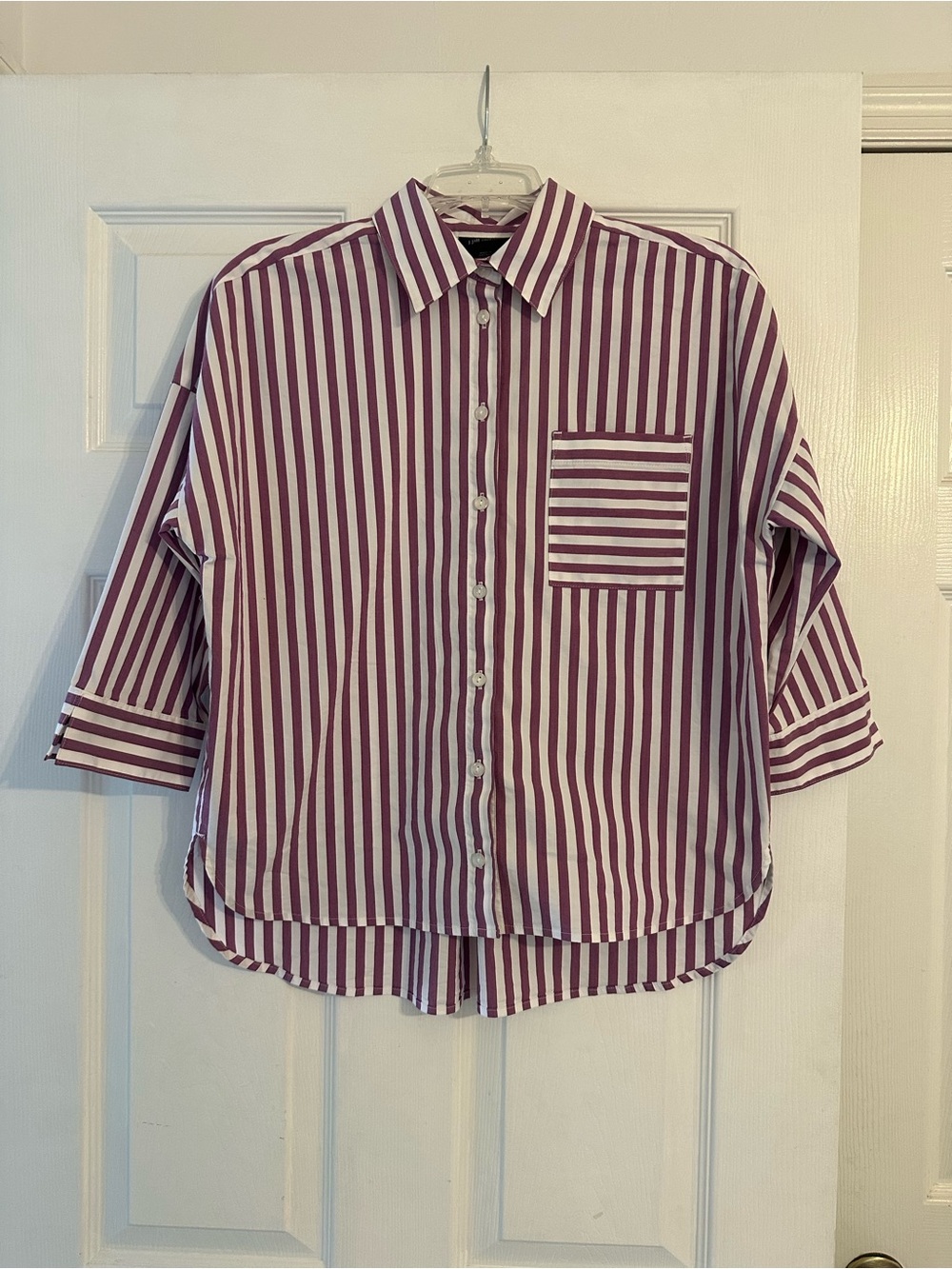 J.Jill Wearever Collection Striped Button-Up Shirt in Purple and White